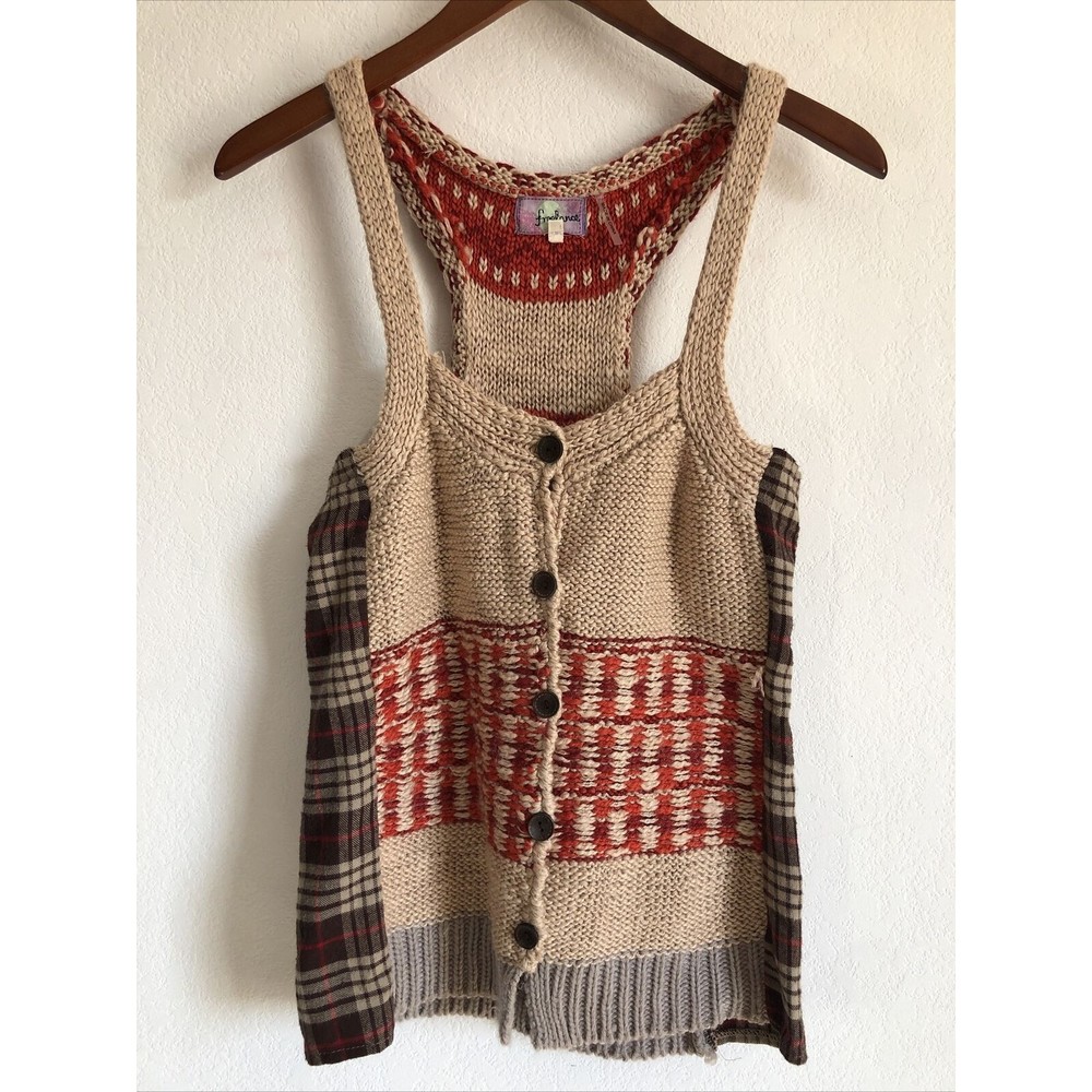 Tan and Red Buttoned Sleeveless Tank Top
